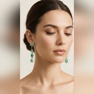 925 Sterling Silver Earrings 3.5cm with Natural Emerald 8x6mm & Tanzanite Gems